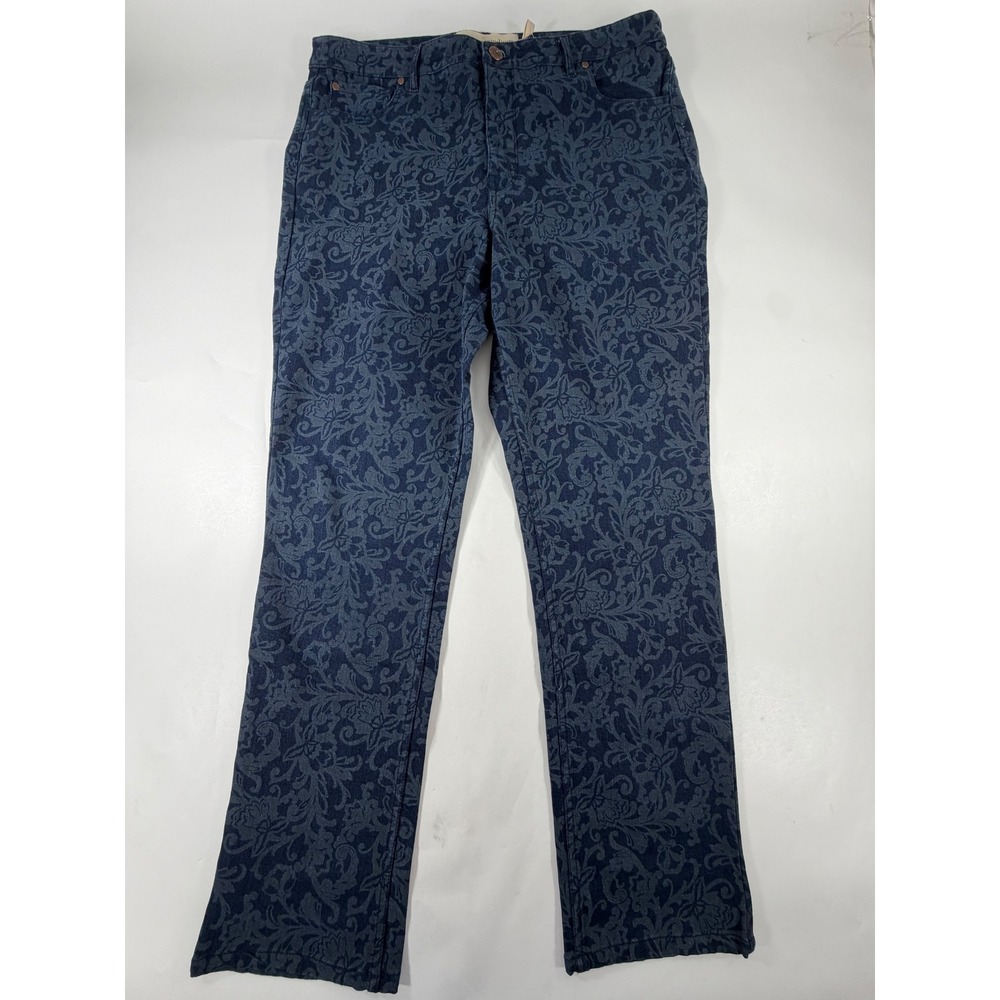 Soft Surroundings Navy Damask Floral Straight Leg Pants 14 2HB35 Cotton Stretch